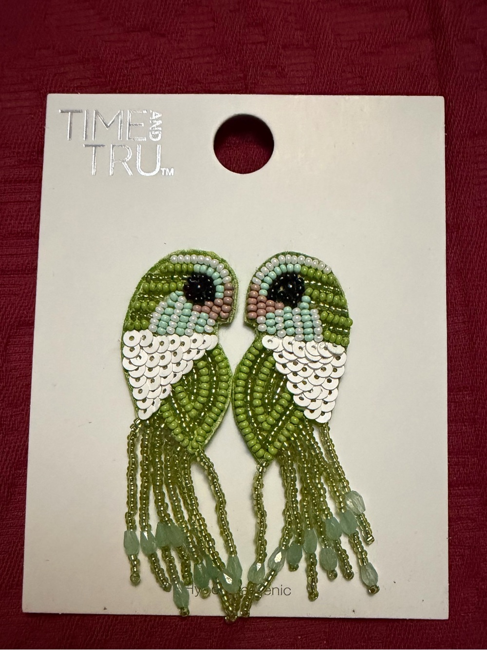 Time and Tru Green Beaded Bird Fringe Earrings
